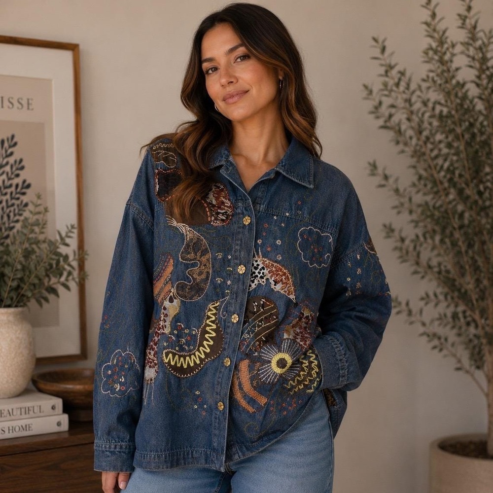 VTG Breckenridge Denim Shirt Women 1X Blue Embroidered Applique Art to Wear Boho